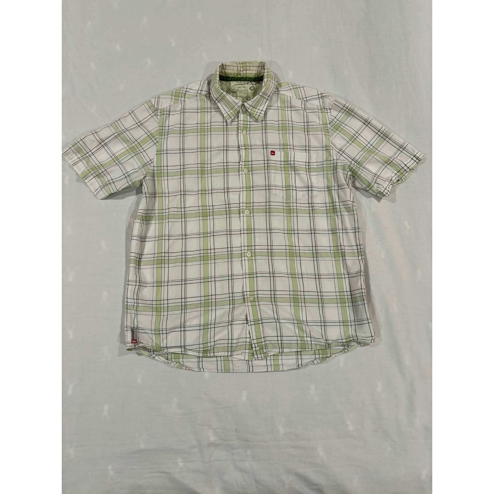 Quiksilver‎ Mens Short Sleeve Plaid Button Down Shirt Green White Black Size L